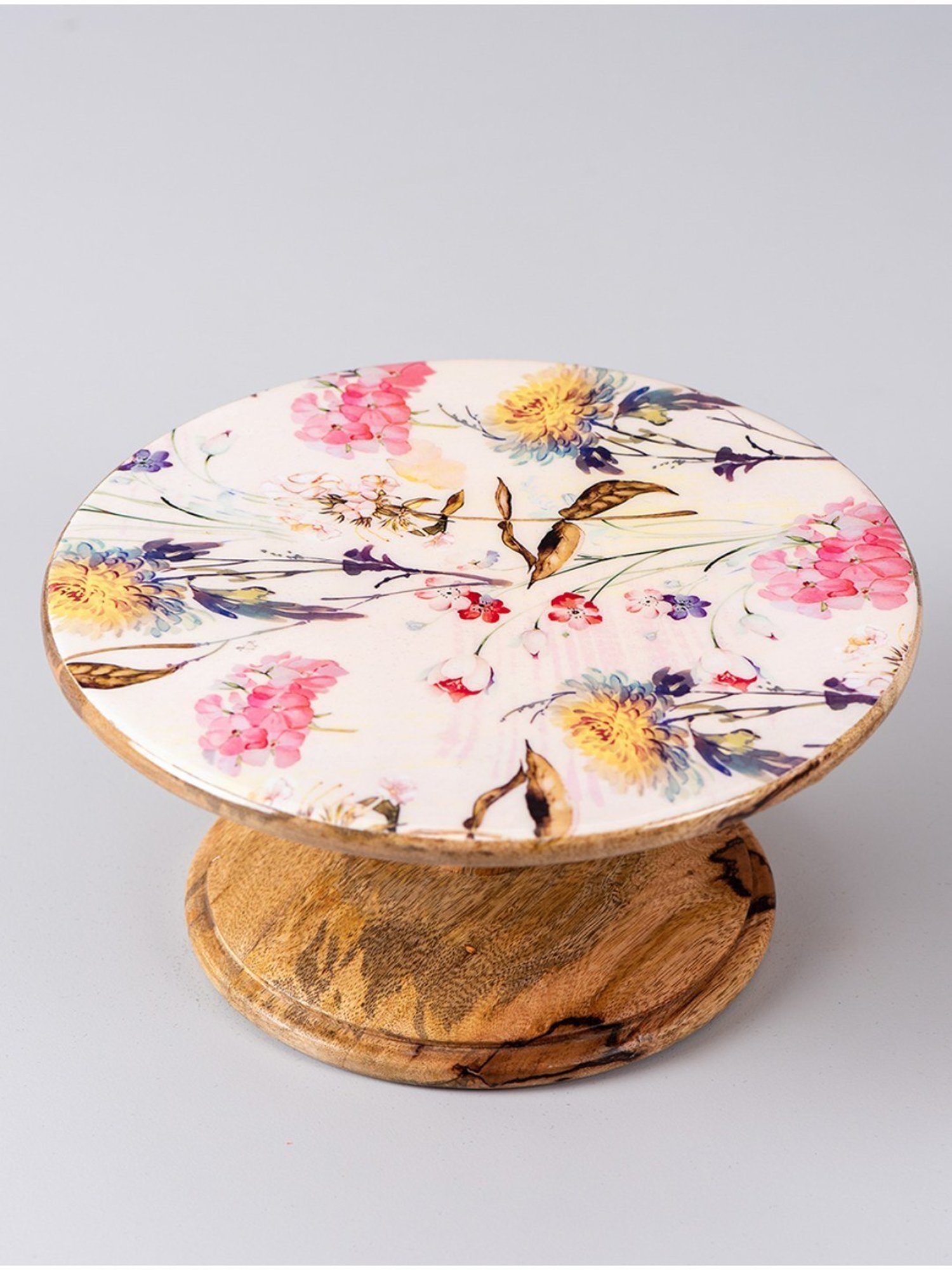 Nestroots White Cake Stand with Tong Printed Cake cutting Holder Round Wooden Cup Cake Table Stand