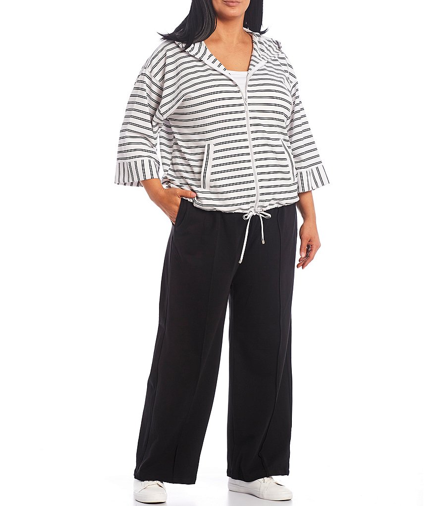 Ruby Rd. Plus Size Stripe Print Silky Terry Knit Hooded Zip Up 3/4 Sleeve Drawstring Hem Jacket