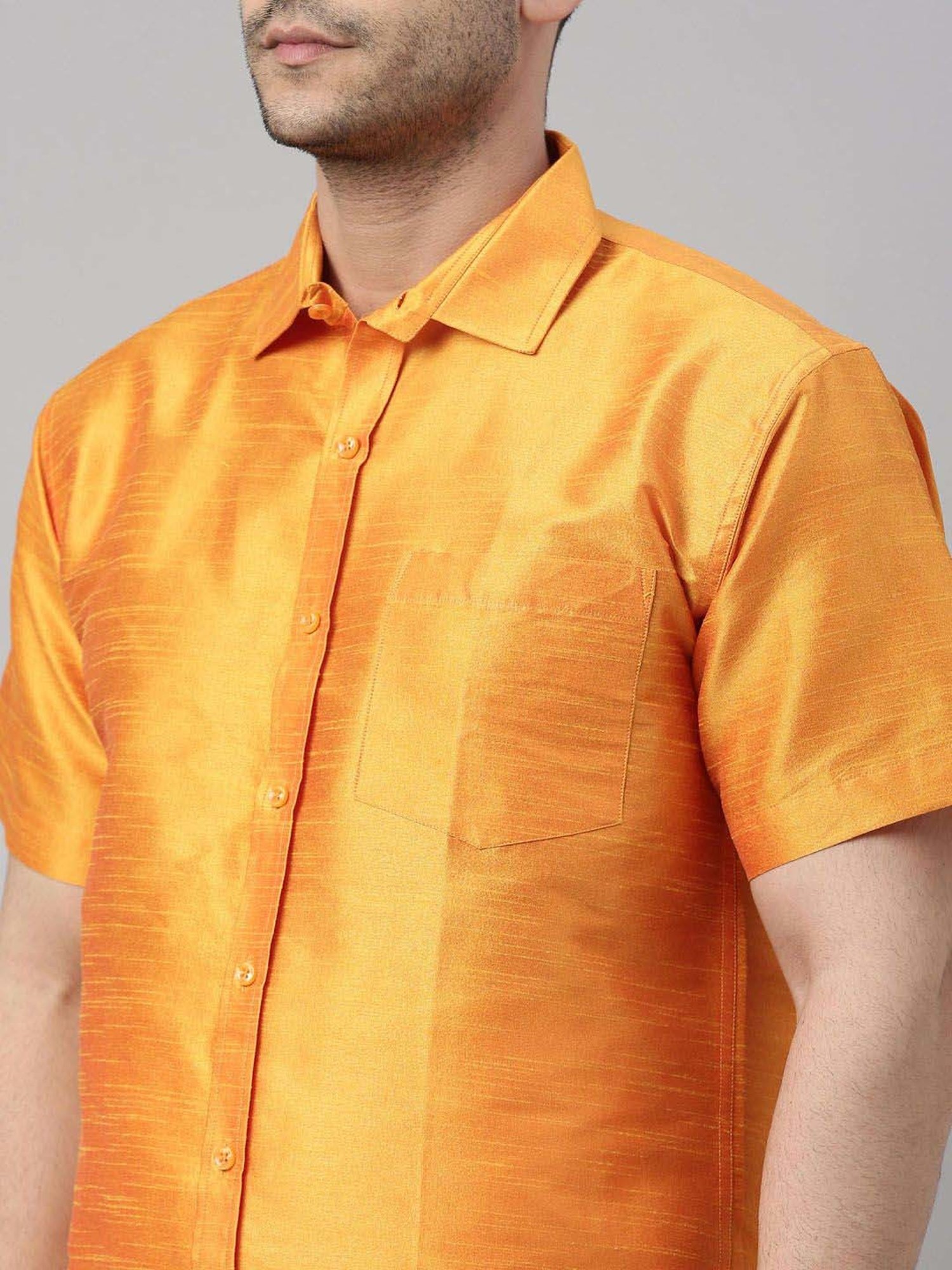 Vastramay Orange & White Regular Fit Ethnic Shirt With Mundu