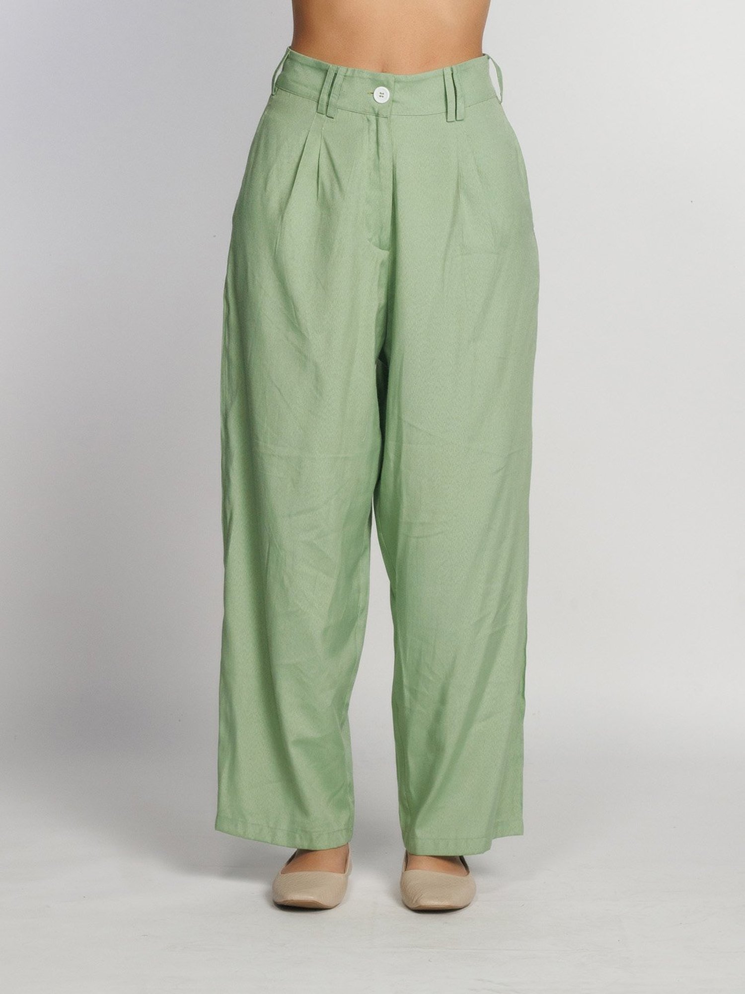 Zink London Sage Green Regular Fit High Rise Palazzos