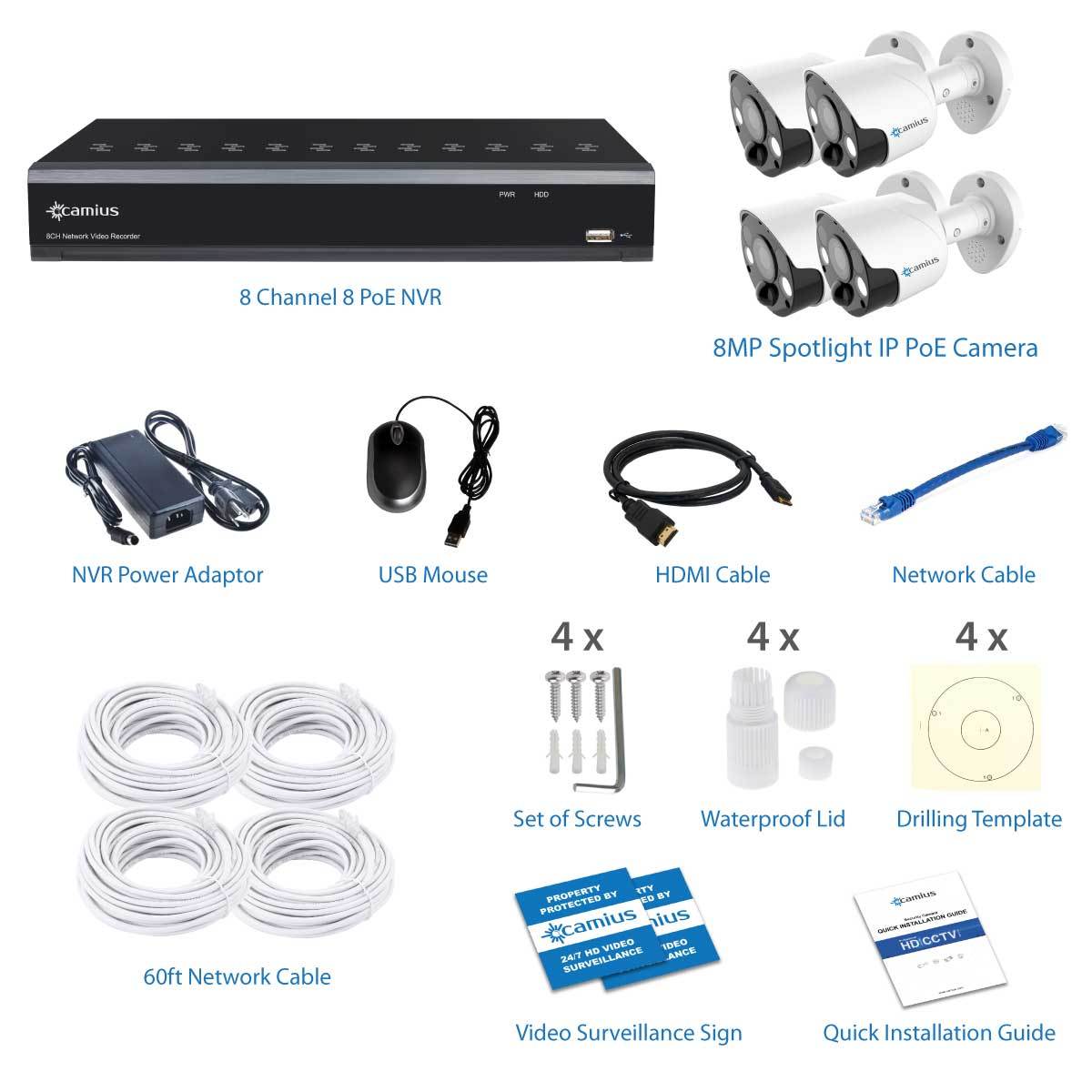 Camius 4 8MP Wired PoE Spotlight Security Camera Bullets with a 4K 8 Channel NVR, 3TB Hard Drive, 3840 x 2160, 2-Way Audio (built-in microphone, Speaker), Siren, Color Night Vision - 8P4S83TS