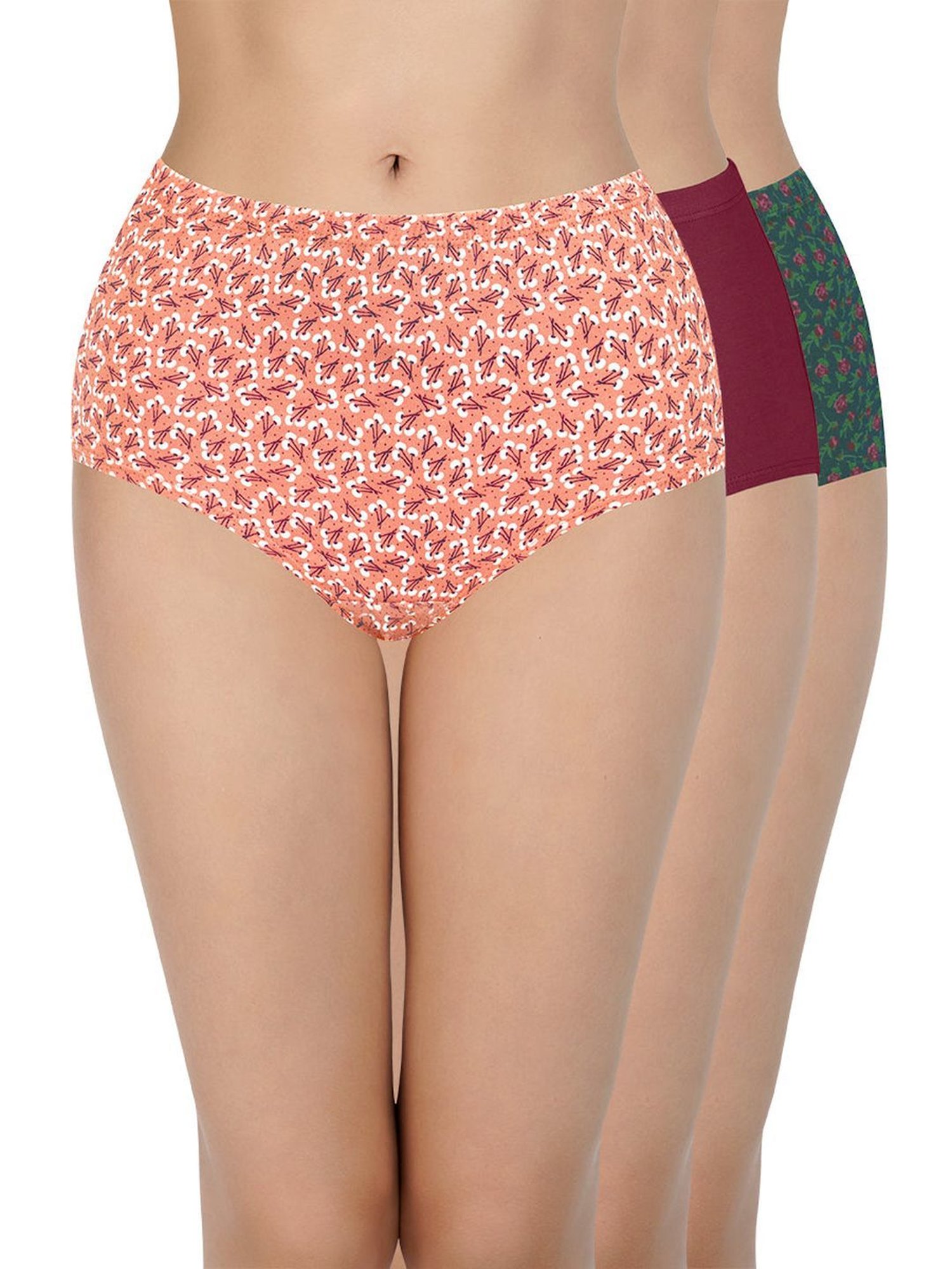 Every De by Amante Green & Peach Cotton Printed Panties - Pack Of 3