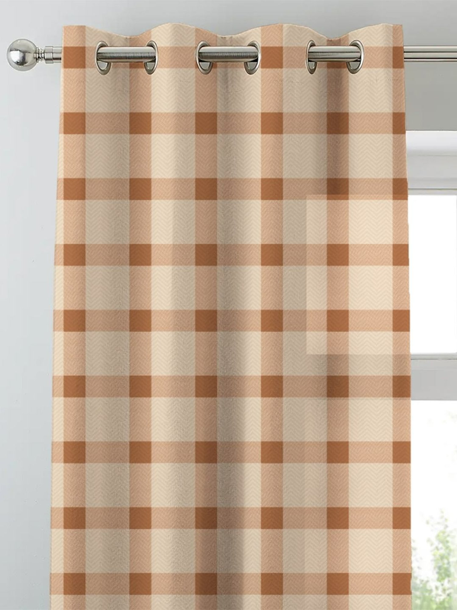 SPACES DRAPE STORY Boho Checks Beige & Tan Polyester 5 ft Window Curtains - Set of 2