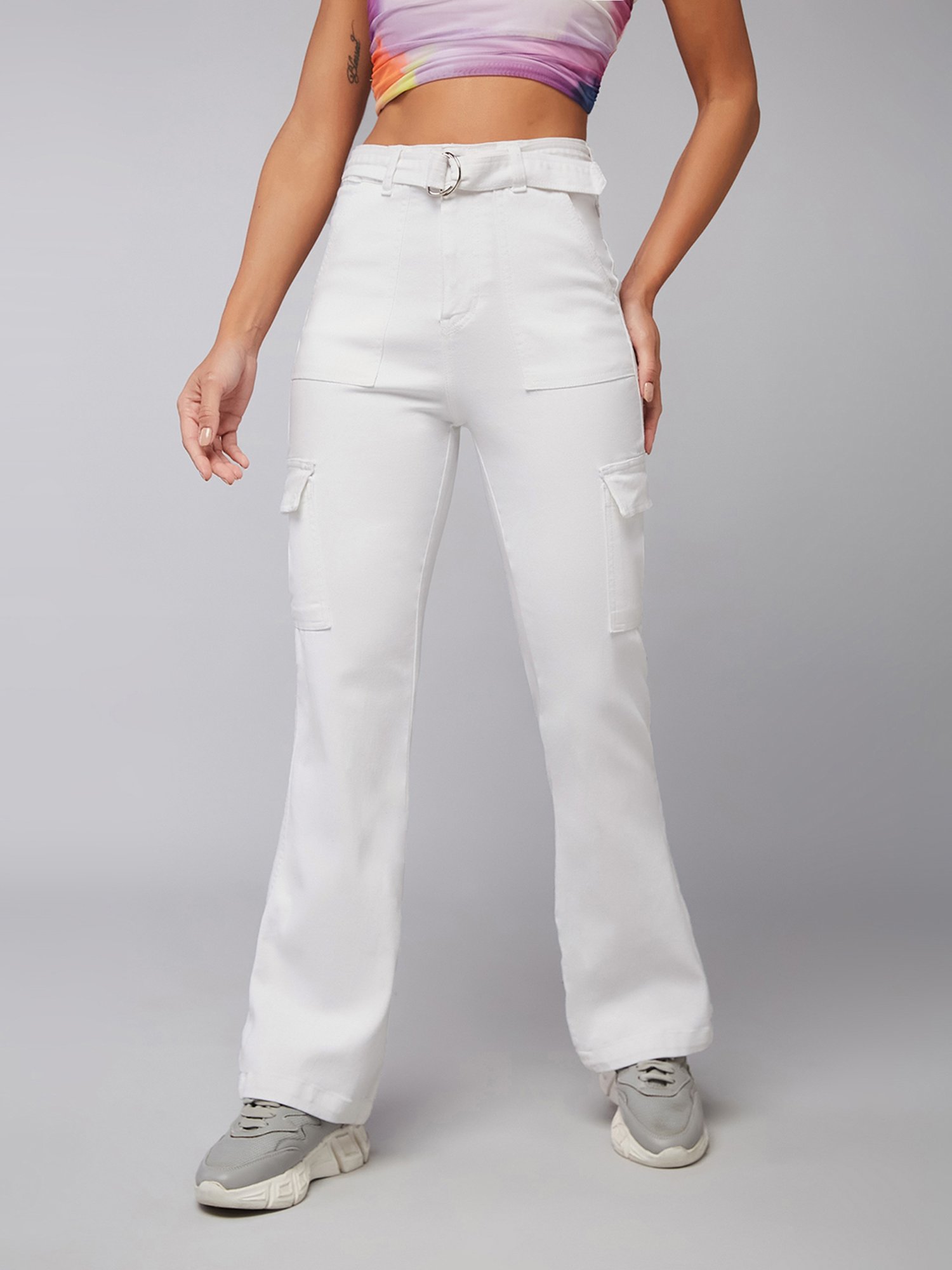 DOLCE CRUDO White Denim Relaxed Fit High Rise Cargo Jeans