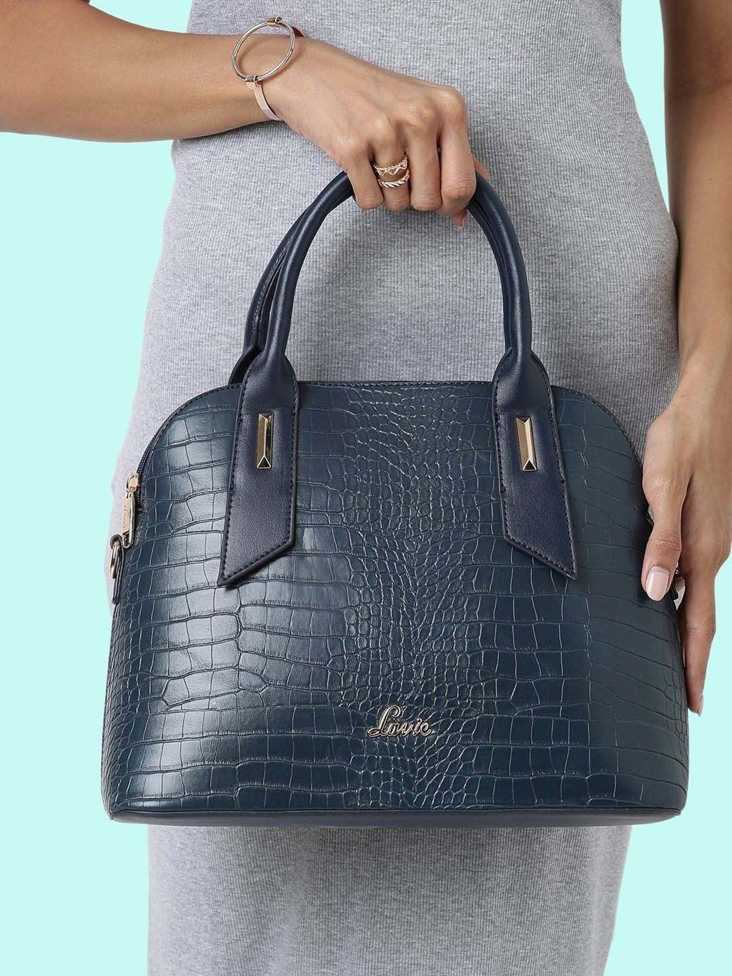 Lavie Navy Textured Large Handbag