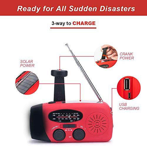 Upgraded Version  IS088+ 1000mAh Solar Hand Crank Radio AMFMNOAAWB Weather Emergency Radio Dynamo LED Flashlight Power Bank for iPhoneAndroid Smart Phone Red