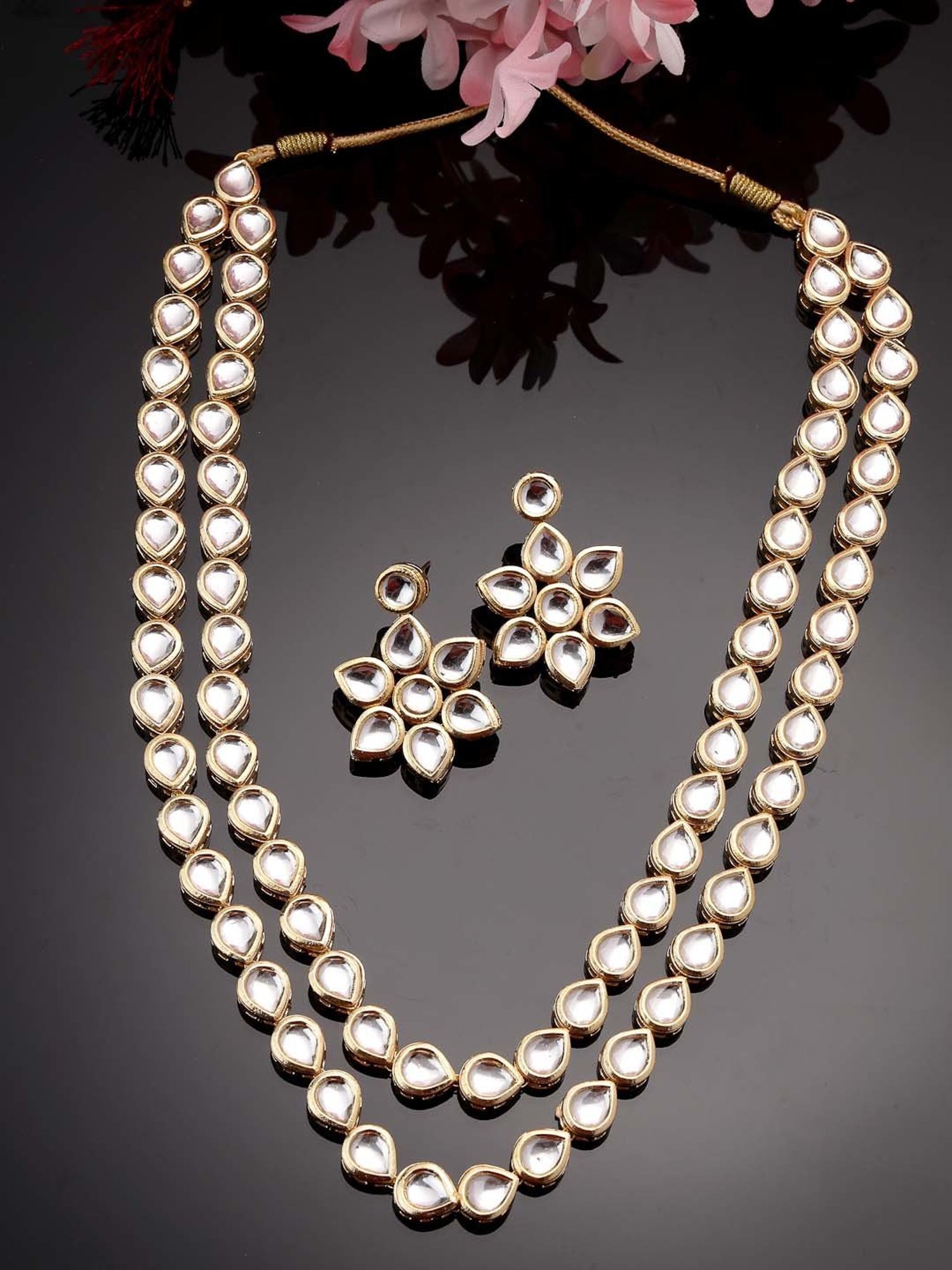 NVR Rhodium-Plated Kundan-Studded Necklace And Earrings for Women