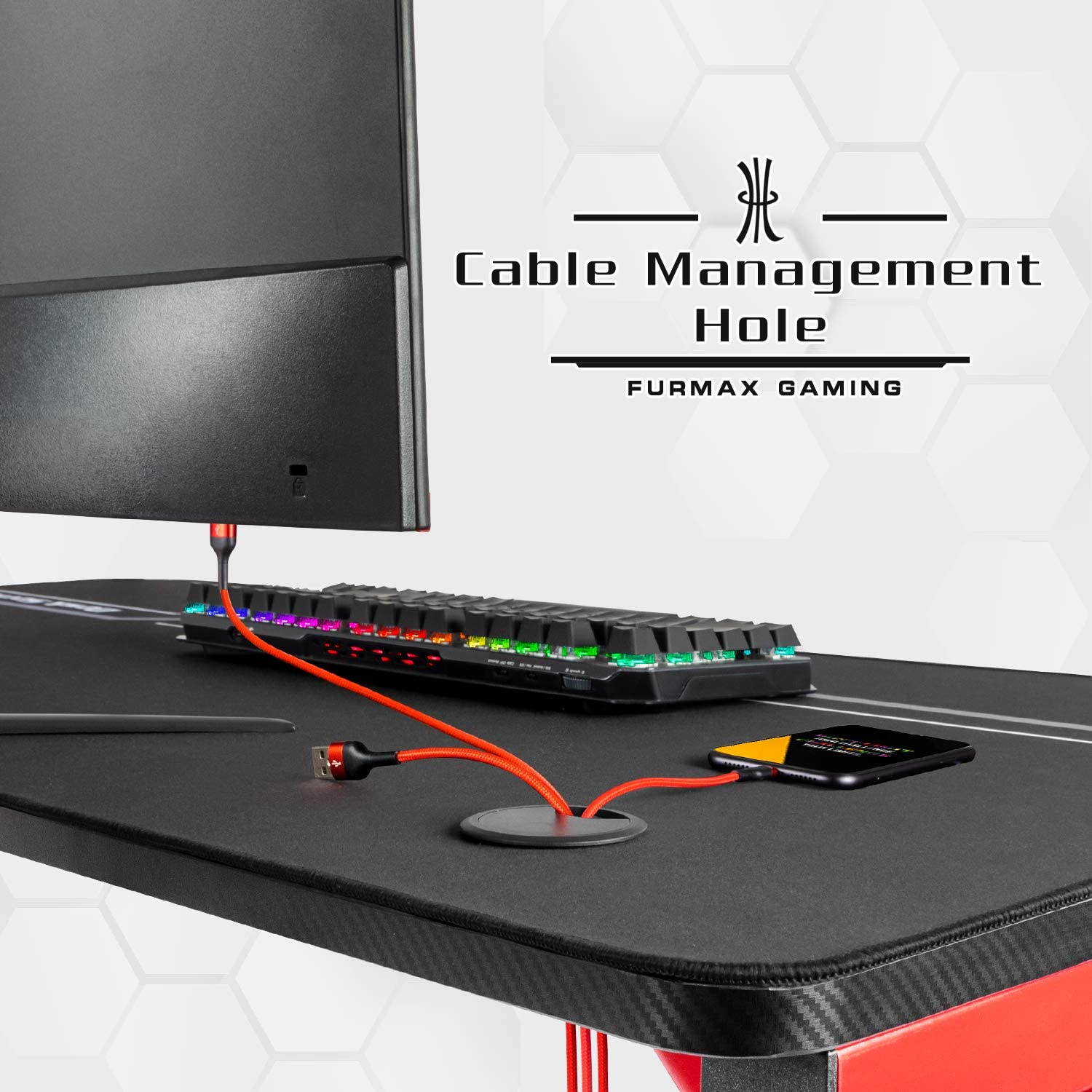 Furmax 55 Inch Gaming Desk T-Shaped PC Computer Table, Home Office Desk Carbon Fibre Surface Workstation with Free Full Coverage Mouse Pad, Cup Holder and Headphone Hook (Red)