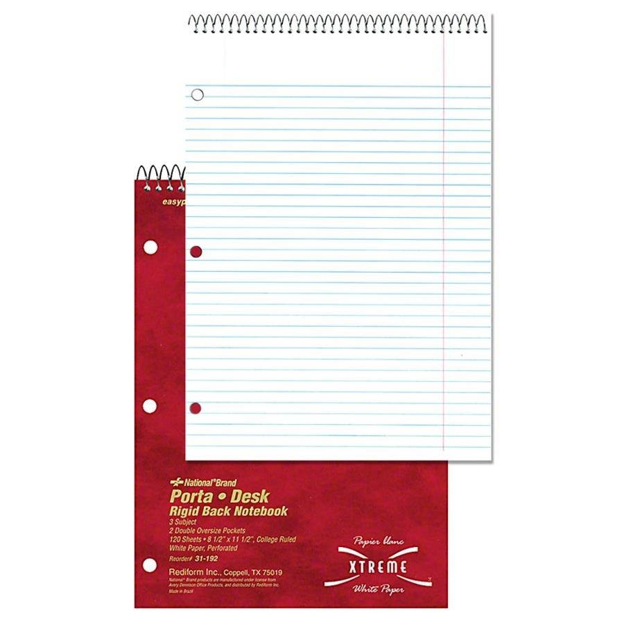 Rediform 31192 National Porta-Desk 3-Subject Notebook 120 Sheet - 8.50" x 11.50" - 1 Each - White Paper
