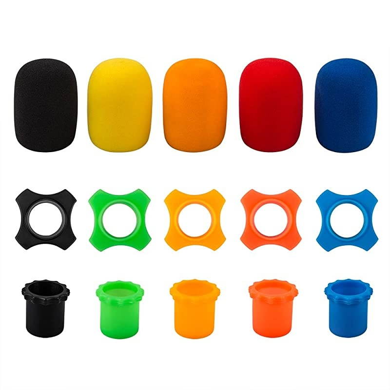 Shakeproof Anti-Rolling Wireless Handheld Microphone Protection Silicone Ring (5 PCS), Bottom Rod Sleeve Holder (5 PCS), Windscreen Foam Cover (5 PCS) for KTV Device, Assorted Colors