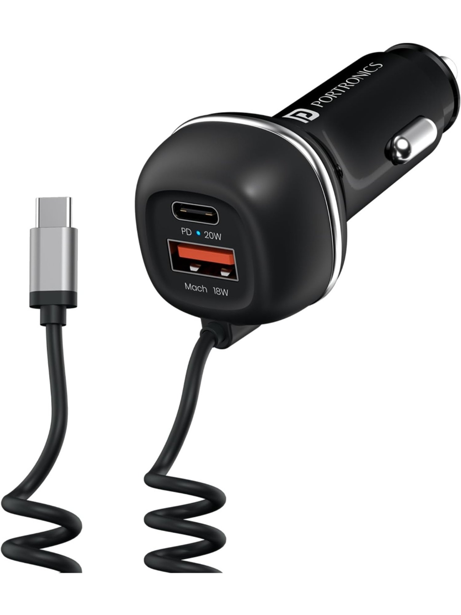 Portronics 71W Car Power 1C Triple Output Fast Car Charger with 33W Type C Cable (Black)