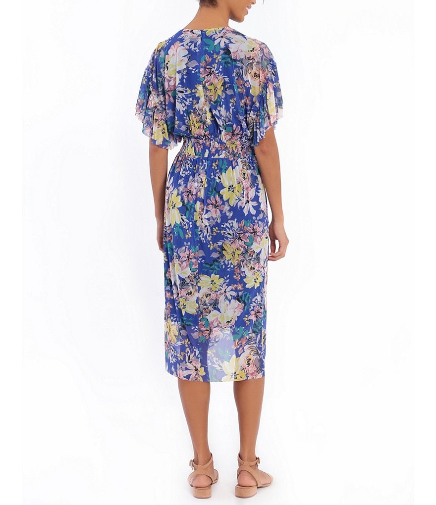 London Times Floral Short Sleeve Hi-Low Hem Faux Wrap Dress