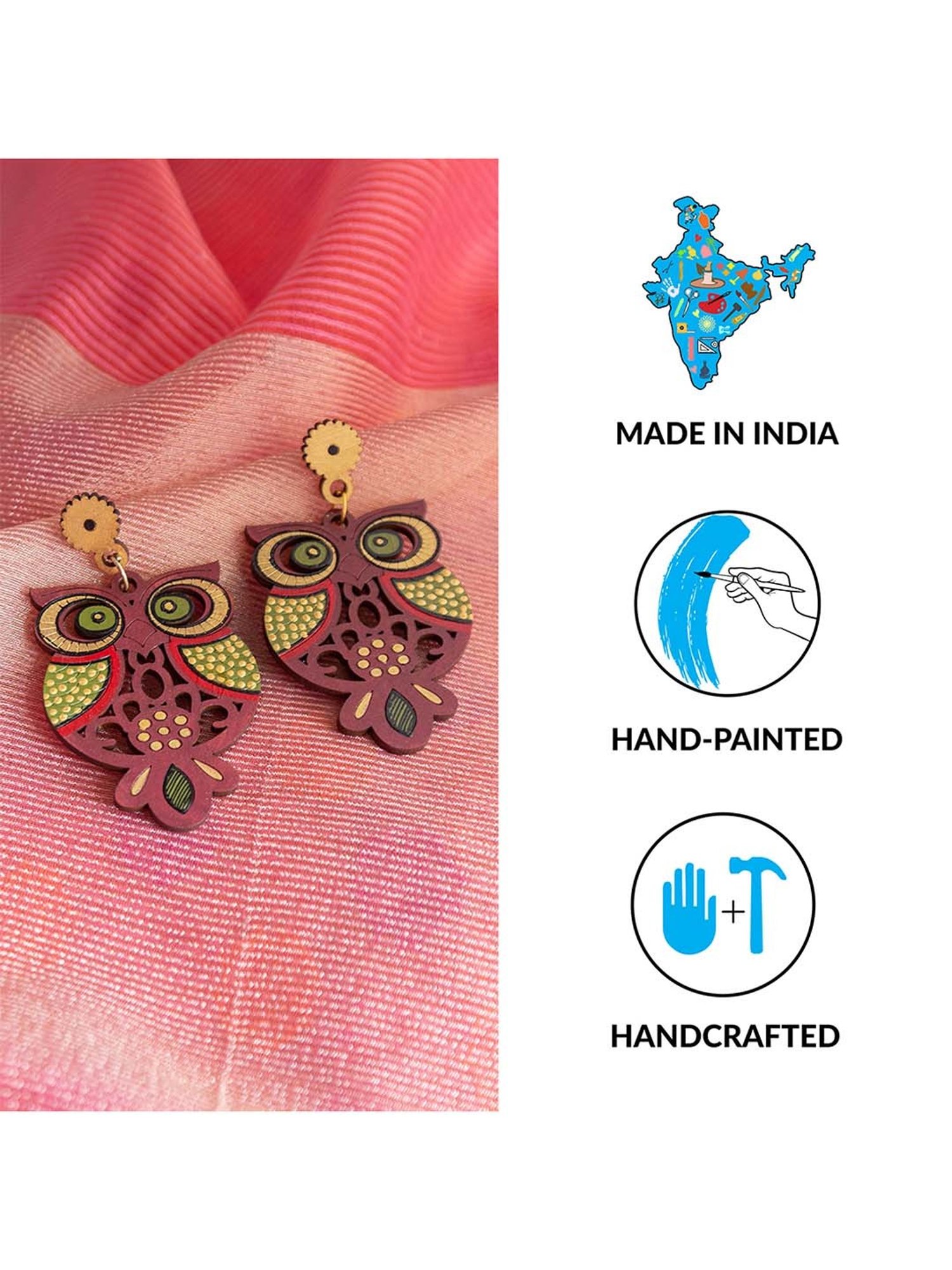 ExclusiveLane 'Symphony of Owls' Brown & Yellow Handpainted Earrings in Recycled Wood