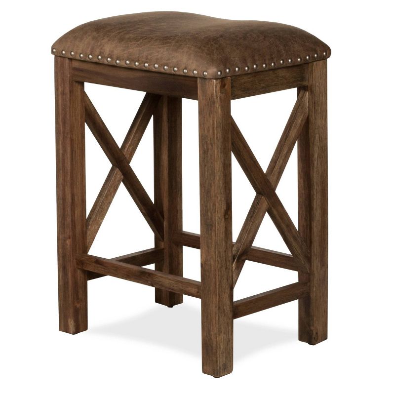 Wooden Barstool with Padded Seat and Open Backrest Blue/Brown - Benzara