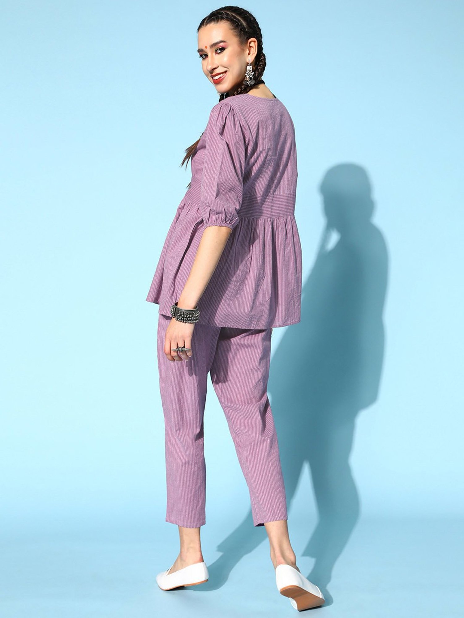 Stylum Lilac Cotton Striped Tunic Pant Set