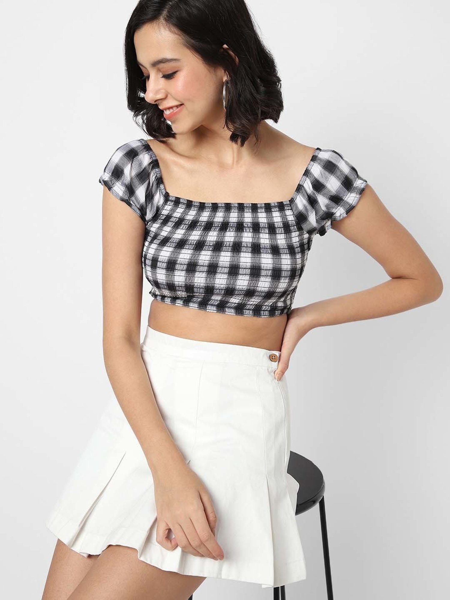 VASTRADO Black & White Cotton Chequered Crop Top