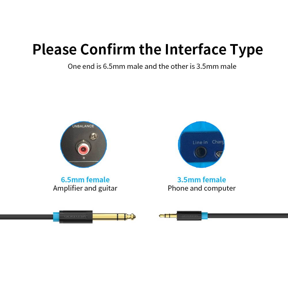 VENTION 3.5mm to 6.5mm Audio Cable Male to Male Audio Cable for Phone Speaker Guitar 1m (Black)