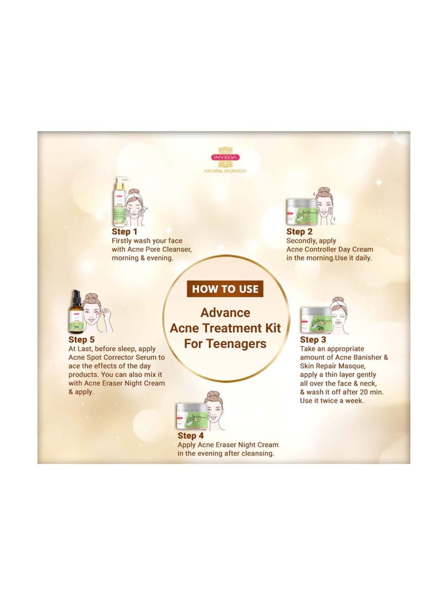 INVEDA Advance Acne Treatment Kit for Teenagers 5 Steps for Clear Skin