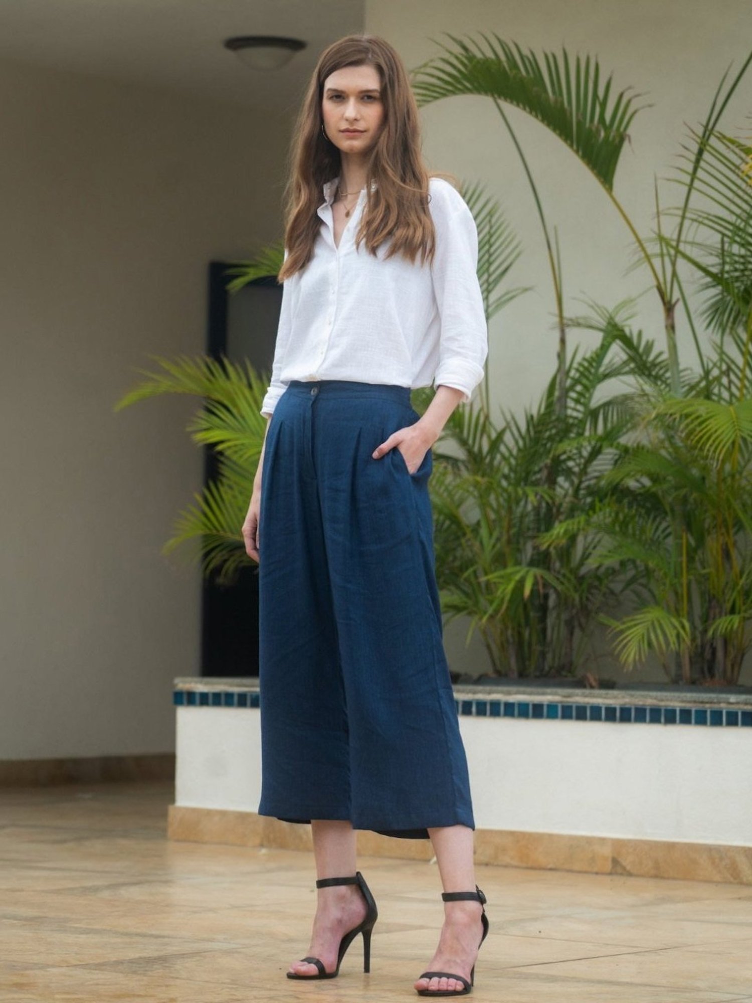 Saltpetre Elegant LInen White Shirt with Navy Blue Wide leg Trousers Co-ord Set