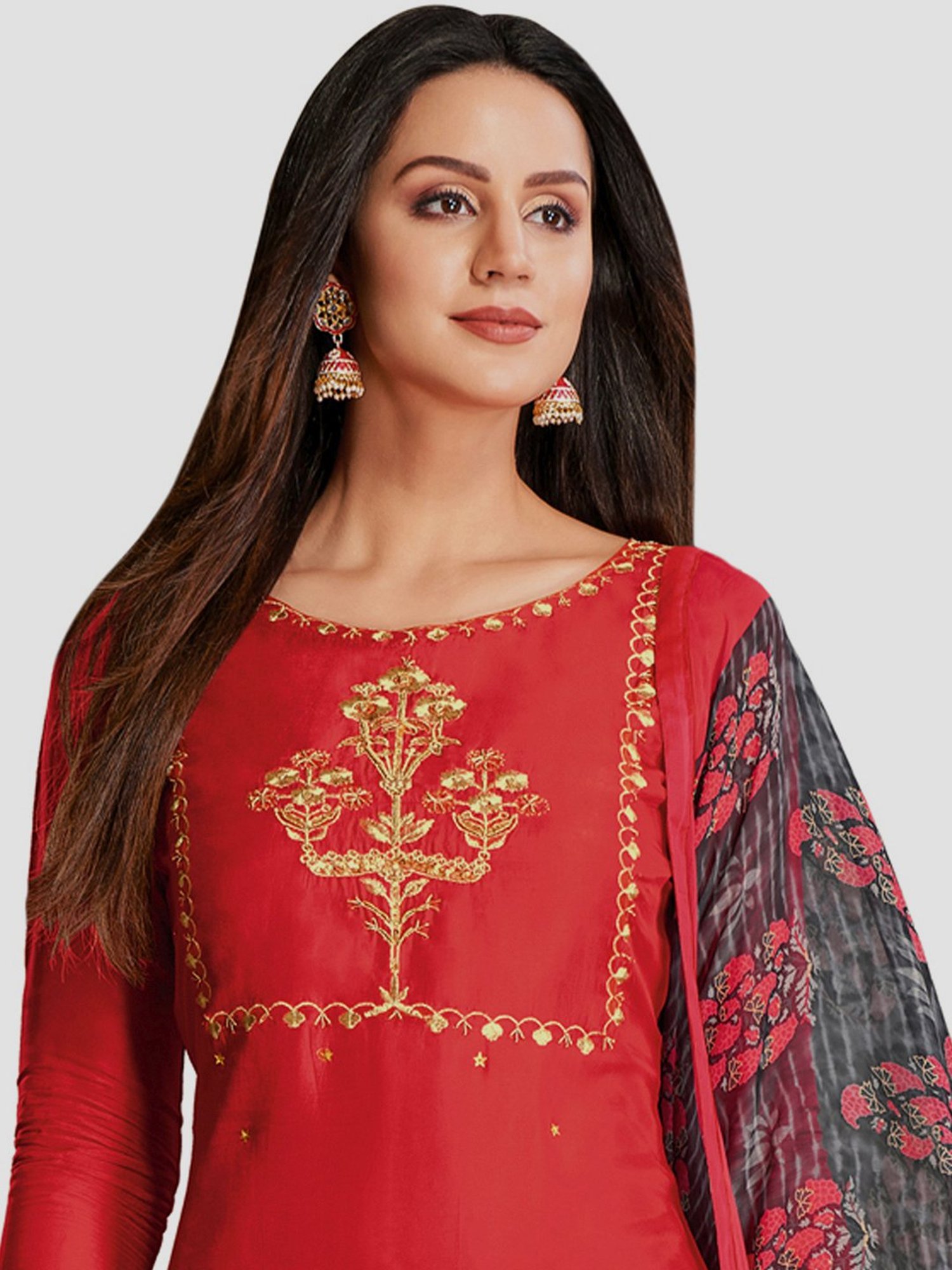 Saree Mall Red Embroidered Unstitched Dress Material With Dupatta