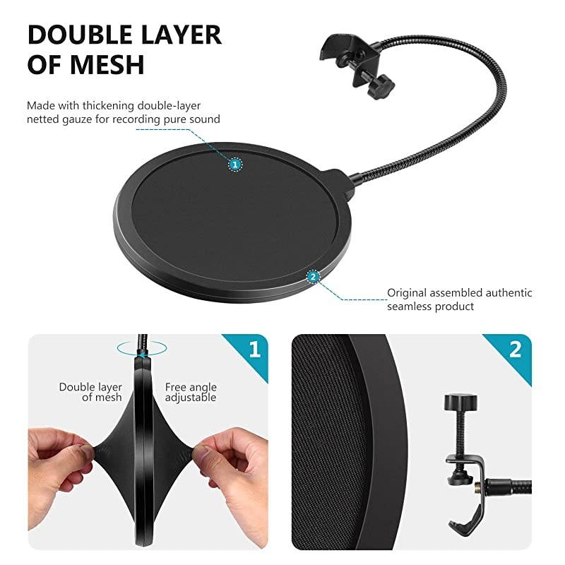 Professional Microphone Pop Filter Shield Compatible with Blue Yeti and Any Other Microphone Dual Layered Wind Pop Screen With A Flexible 360 Degree Gooseneck Clip Stabilizing Arm