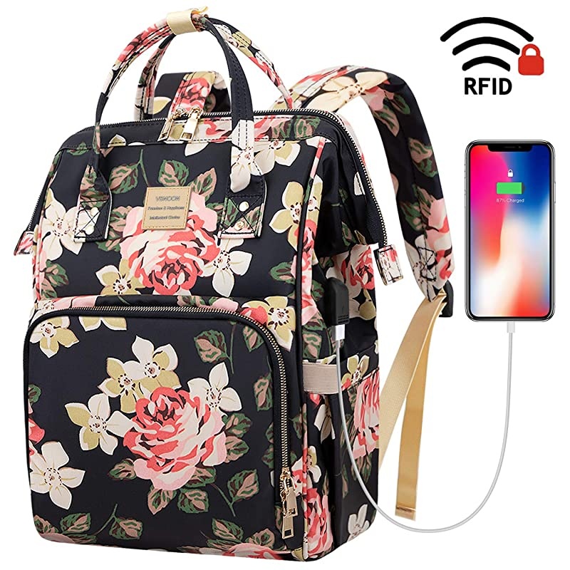 Backpack156 Inch Stylish College School Backpack with USB Charging PortWater Resistant Casual Daypack Backpack for WomenGirlsBusinessTravel Flower Pattern