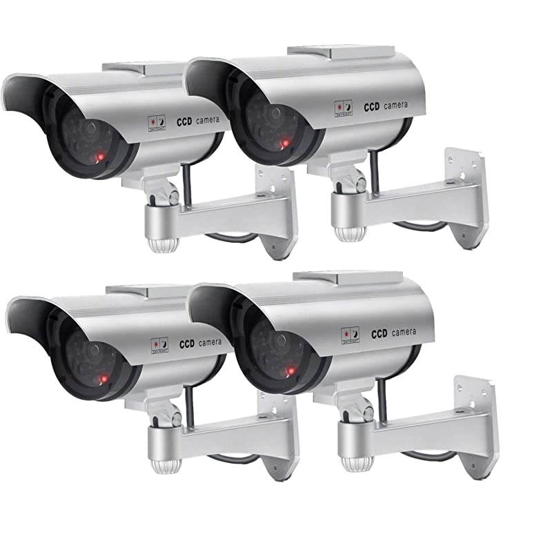 Powered Dummy Security Camera Bullet Fake Surveillance System with Realistic Red Flashing Lights and Warning Sticker Indoor Outdoor 4 Silver