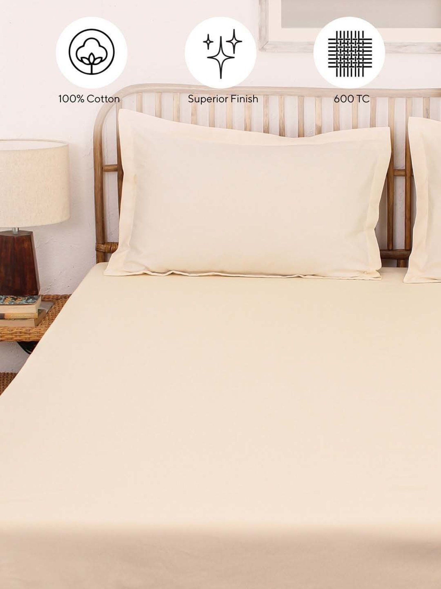 House This Sesame Off-White Cotton 600 TC Double Size Bedsheet With Pillow Covers