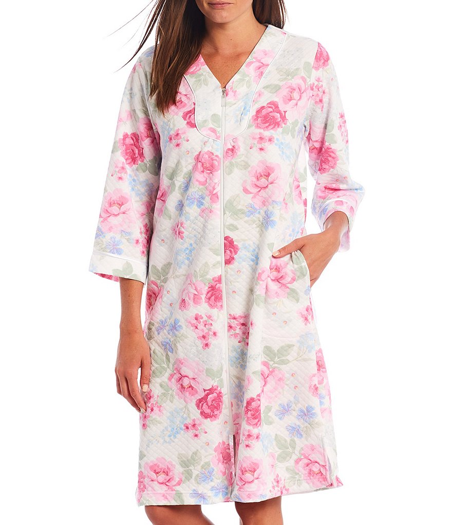 Miss Elaine Petite Cottonessa Floral Print Quilt-In-Knit Zip Front Robe