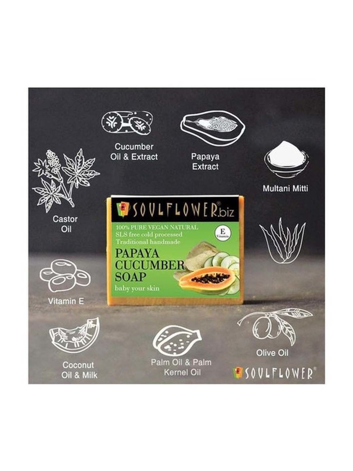 Soulflower Papaya Cucumber Soap - 150 gm