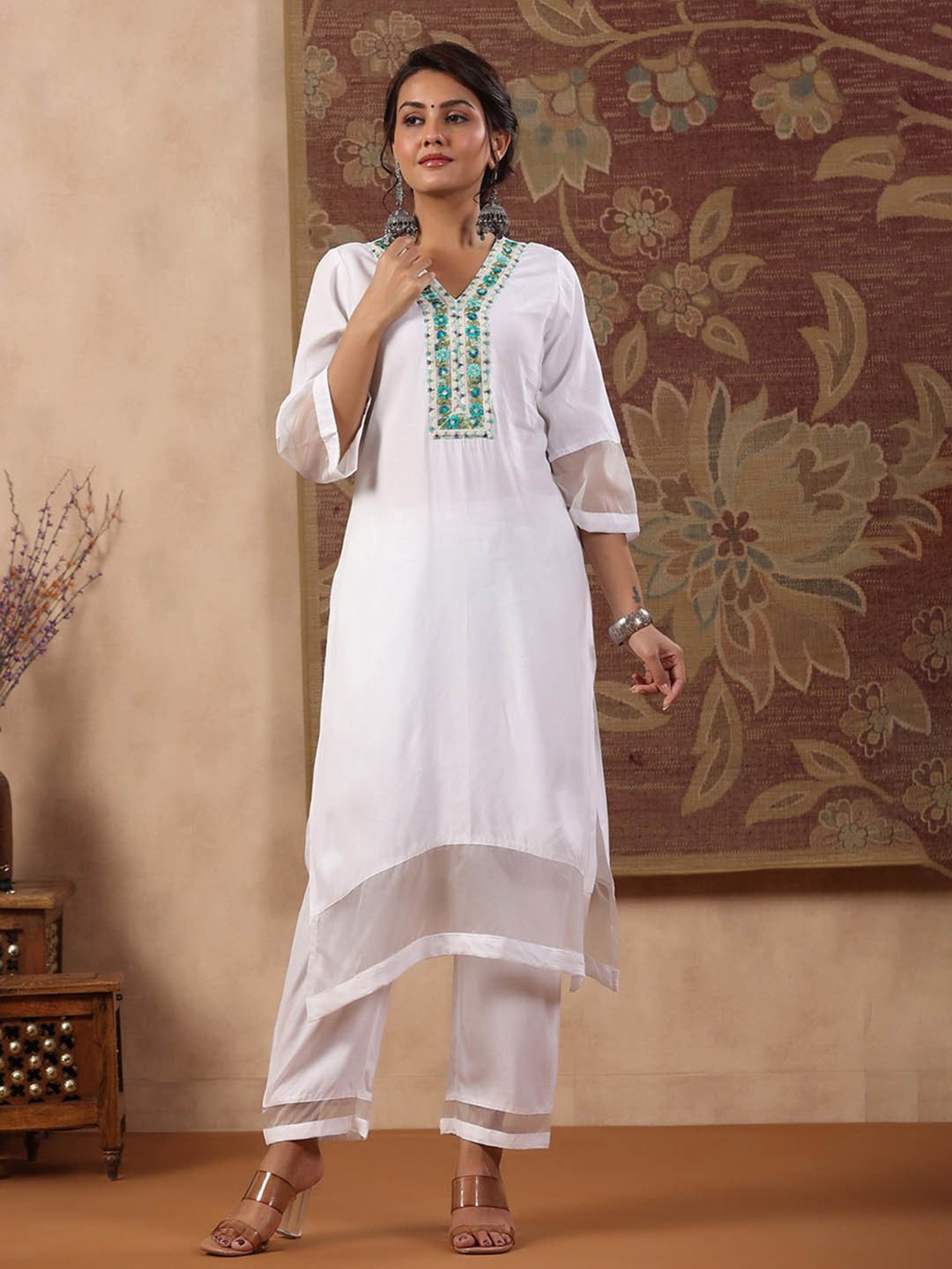 Rain and Rainbow White Floral Kurta Pant Set