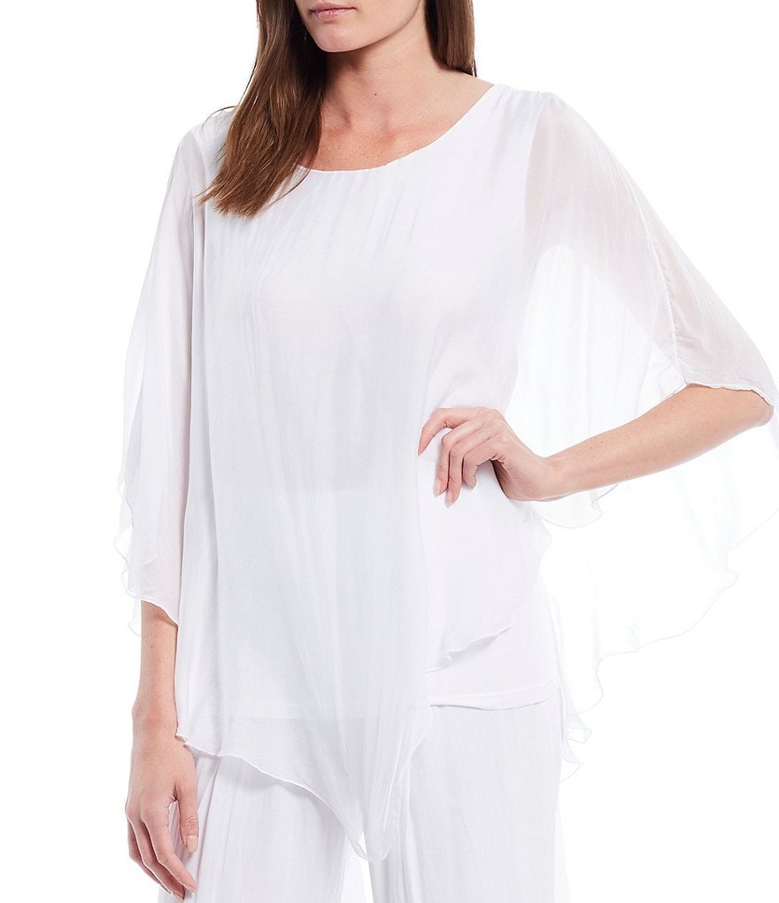 M Made in Italy 3/4 Sleeve Asymmetrical Hem Silky Woven Top