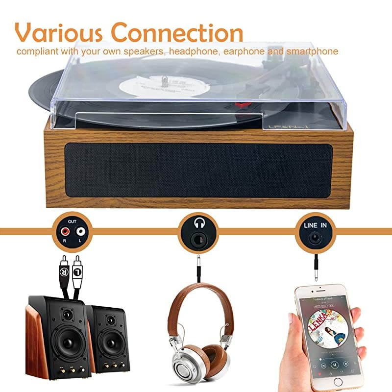 3 Speed BeltDrive Bluetooth Turntable with Stereo Speakers Vintage Vinyl Record PlayerYellow Brown