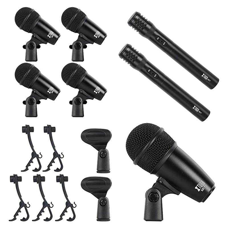 New MI7 7Piece Wired Dynamic Drum Mic Kit Whole Metal Kick Bass TomSnare Cymbals Microphone Set Use for Drums Vocal Other Instrument Complete with Thread Clip Inserts Mics Holder