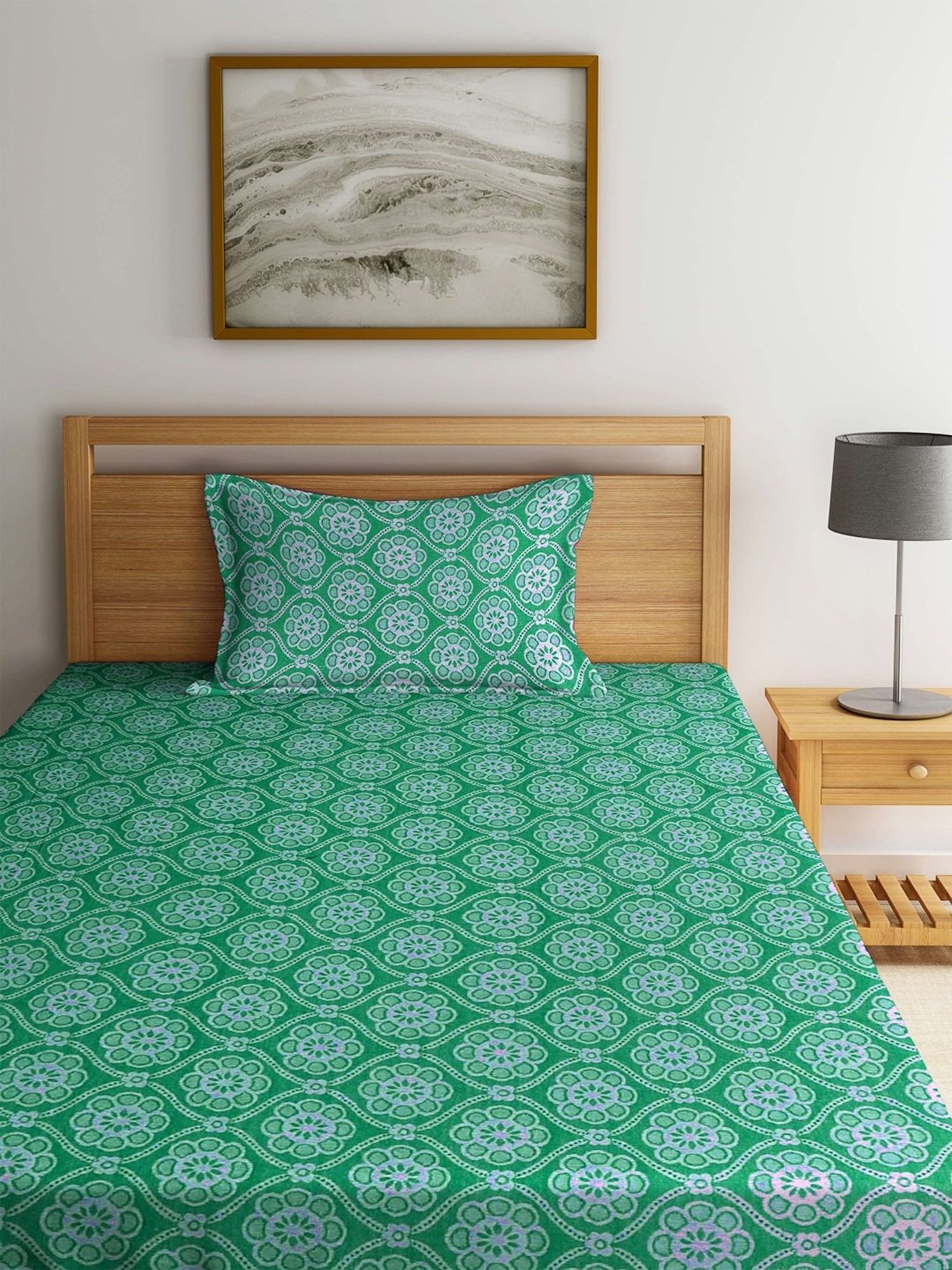 Klotthe Woven Green 350 TC Cotton Single Bed Cover with 1 Pillow Cover