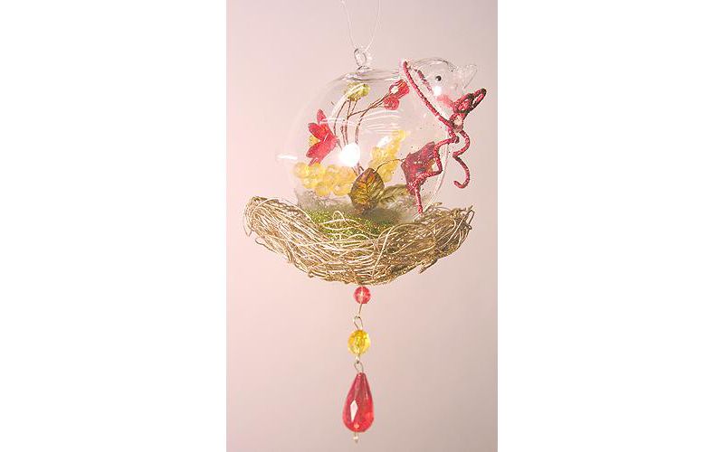 Sterling 7" Clear and Brown Bird In Glitter Nest with Flowers Christmas Ornament