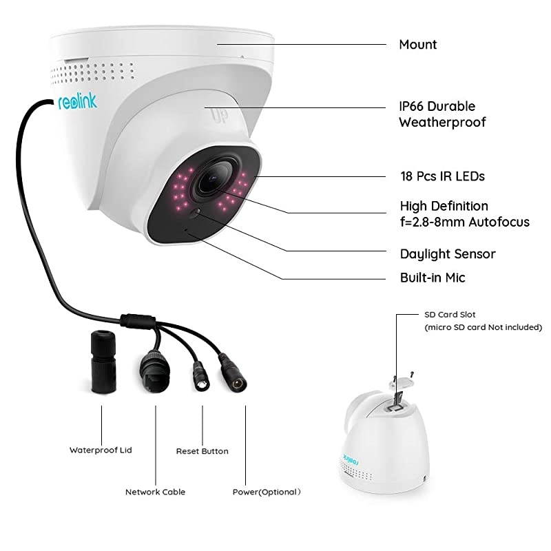 5MP PoE Turret Security Camera Super HD 3X Optical Zoom IP66 Waterproof with Builtin Micro SD Card Slot Outdoor Indoor Camera Ceiling Mount 100ft IR Night Vision AudioCan not Pan RLC522