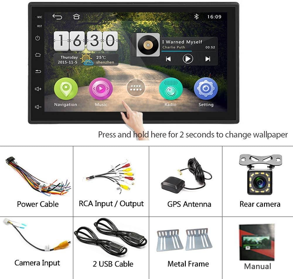 Podofo Double Din Car Radio GPS Navigation Android 2G+16G Headunit 7" HD Touch Screen Car Stereo Support Dual USB AUX in Bluetooth WiFi FM Radio Android/iOS Mirror Link with Rear Camera