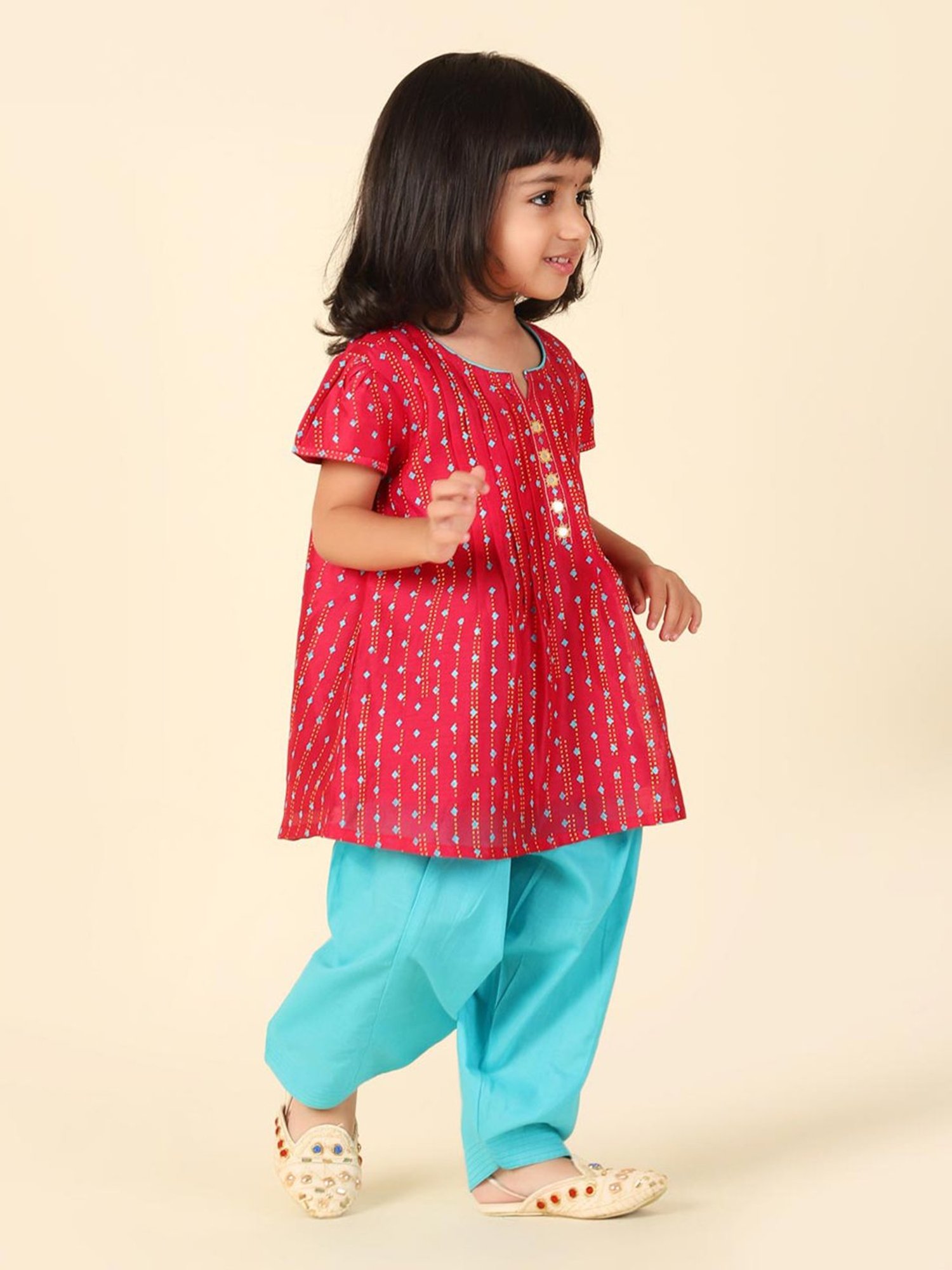 Fabindia Kids Red & Turquoise Printed Kurta With Salwar