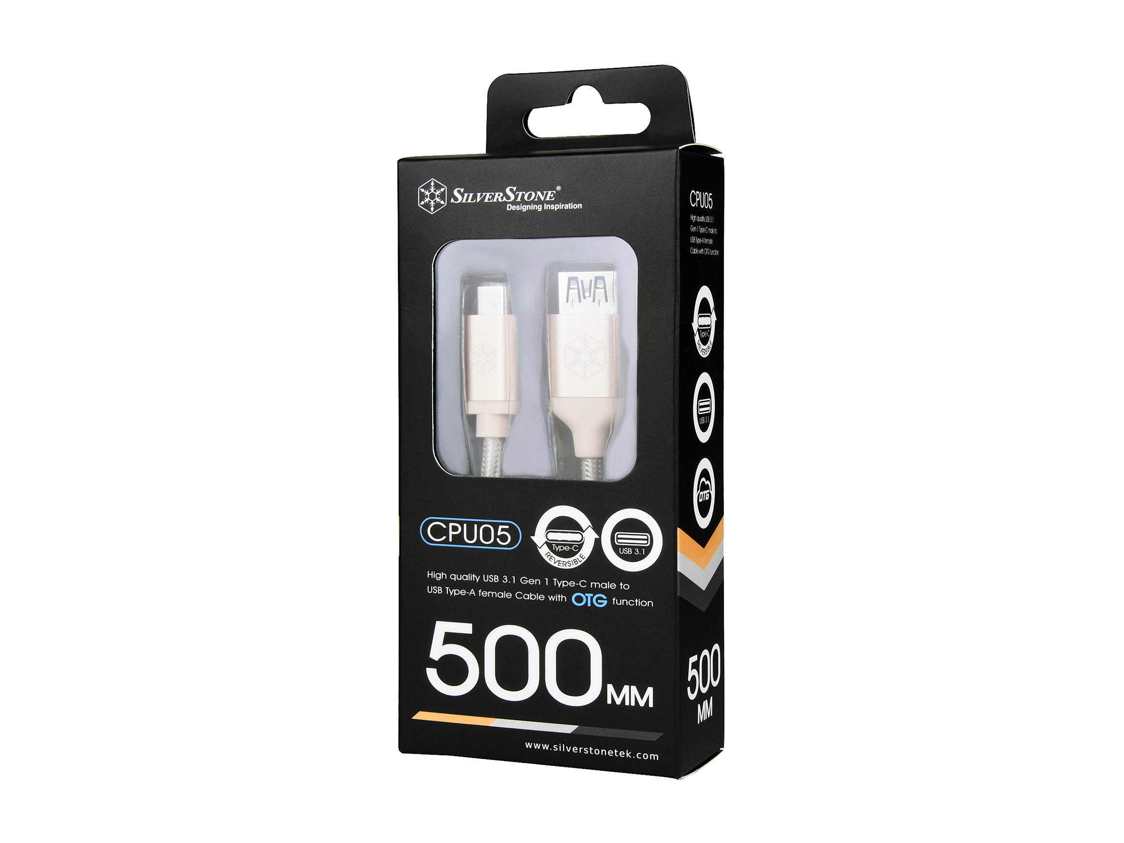 Silverstone CPU05G-500 USB-C to USB TYPE-A female cable, 0.5 meter, Nylon Braided and aluminum shell