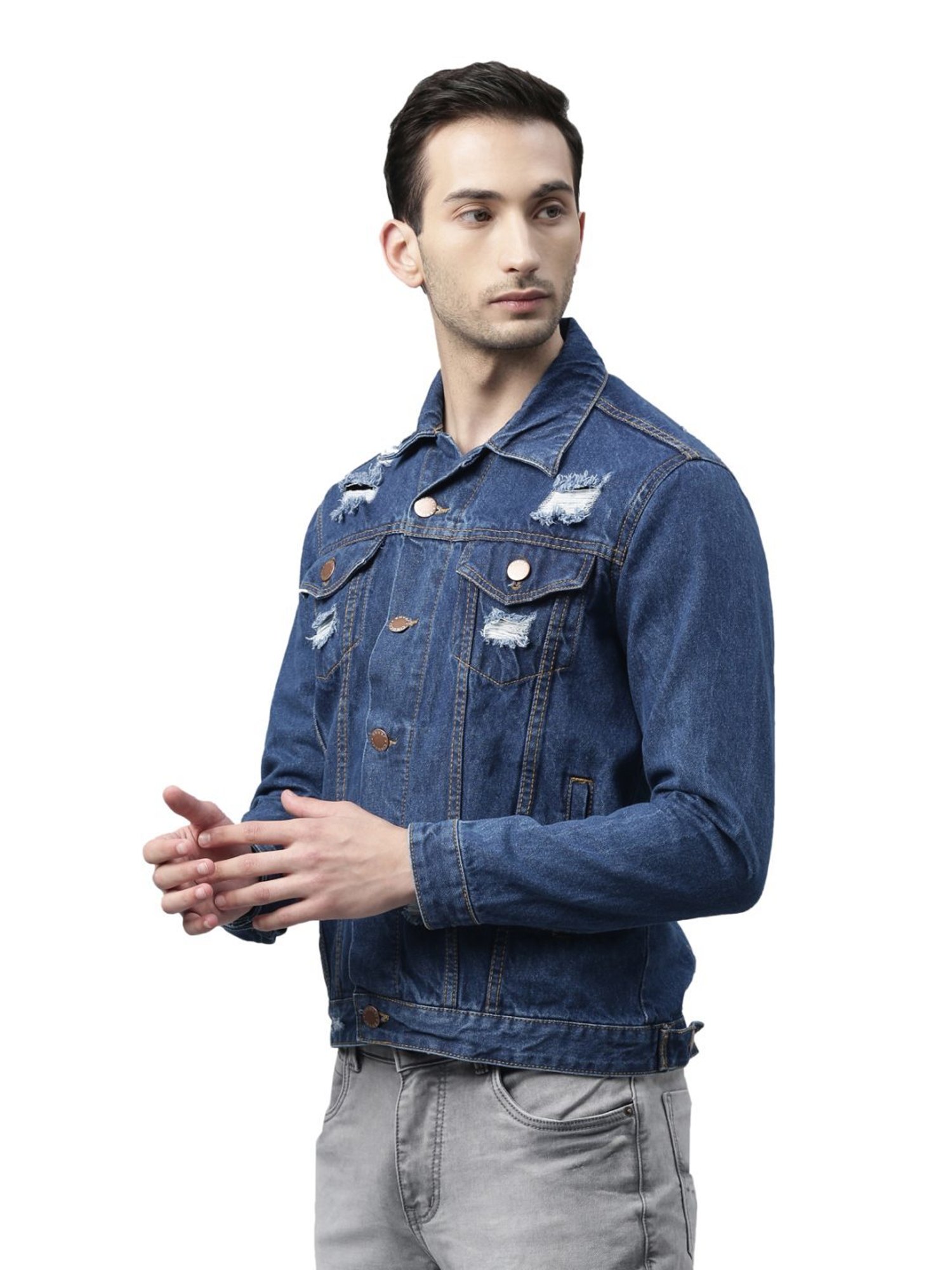 CINOCCI Blue Cotton Slim Fit Distressed Denim Jacket