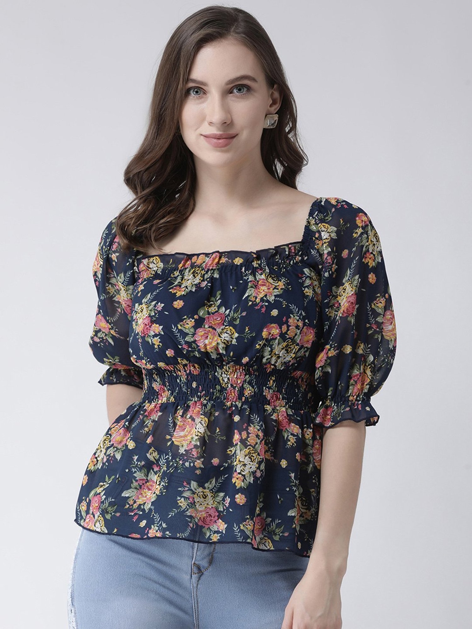 KASSUALLY Navy Floral Print Top