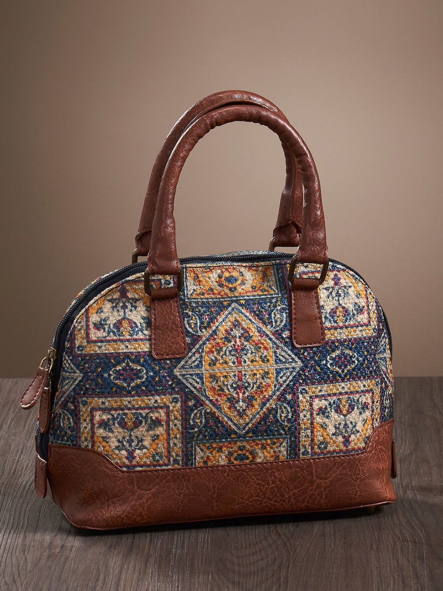 Mona B Blue Printed Medium Handbag