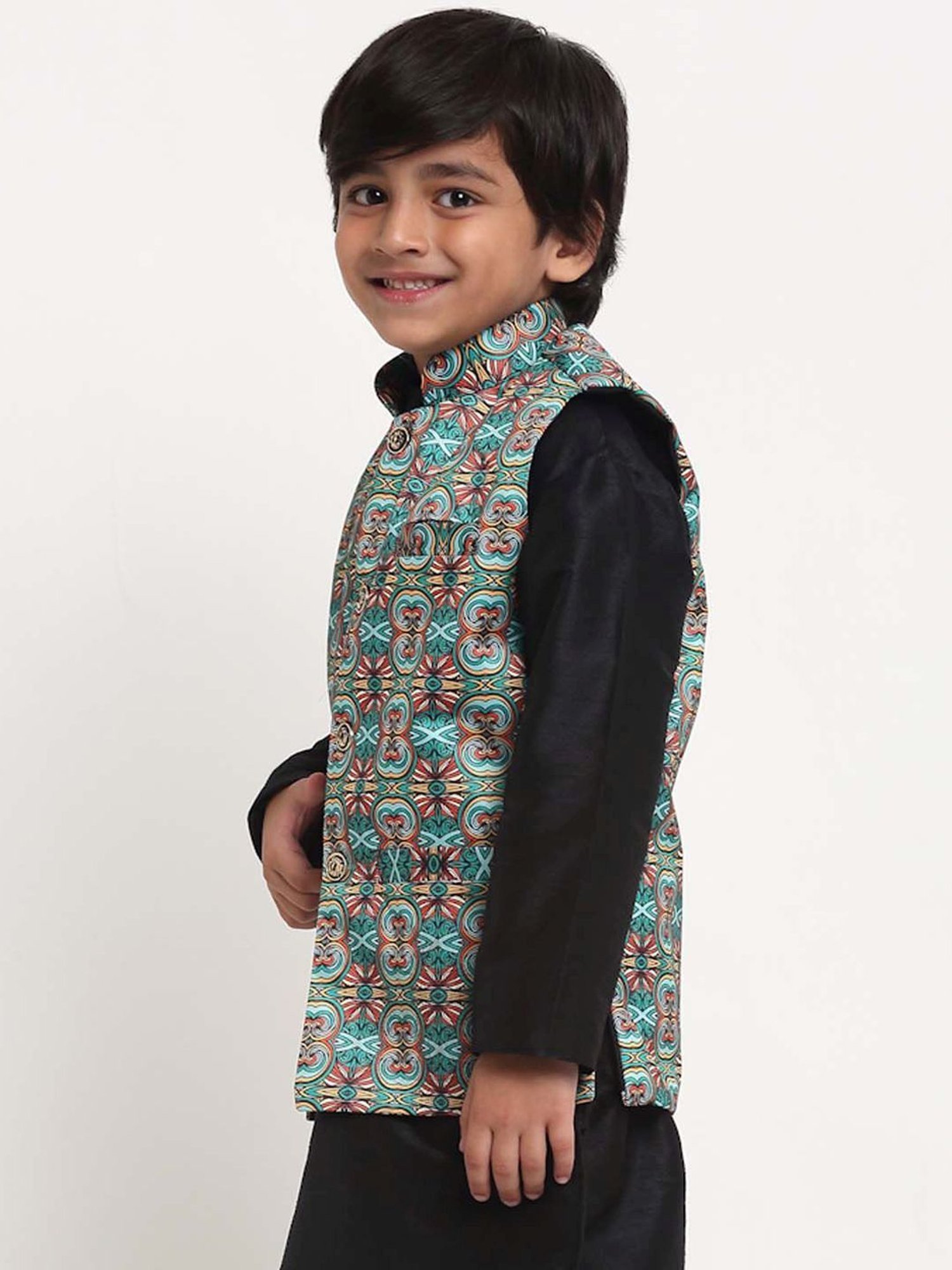 Benstoke Kids Teal Green & Orange Printed Nehru Jacket