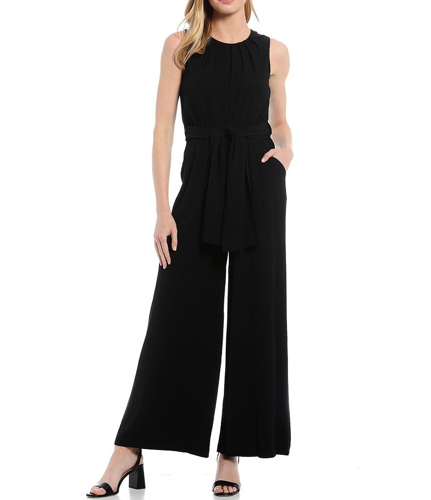 Calvin Klein Tie Waist Jewel Neck Gauze Jumpsuit