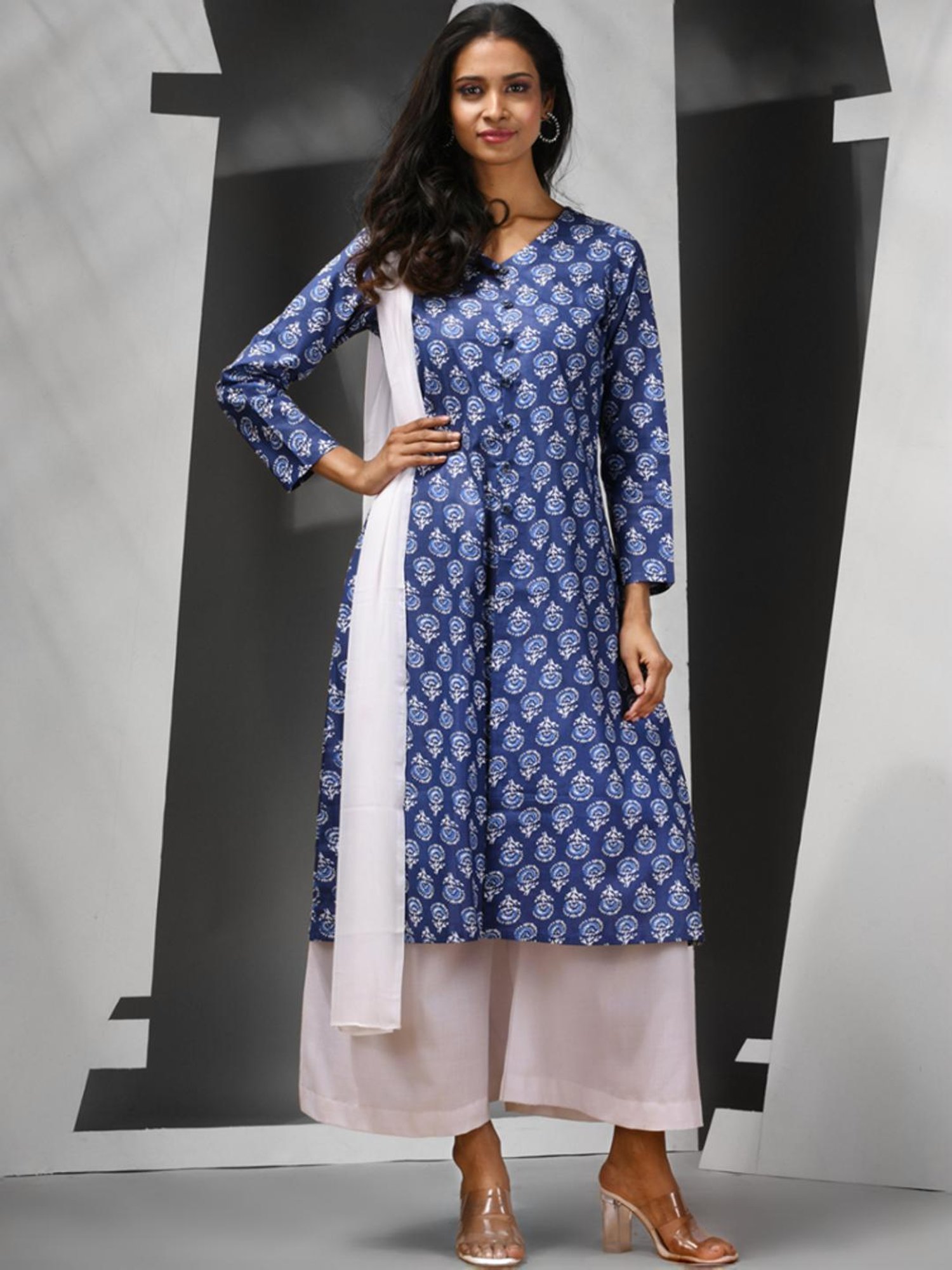 Charukriti Blue & White Cotton Floral Print Kurta Palazzo Set With Dupatta