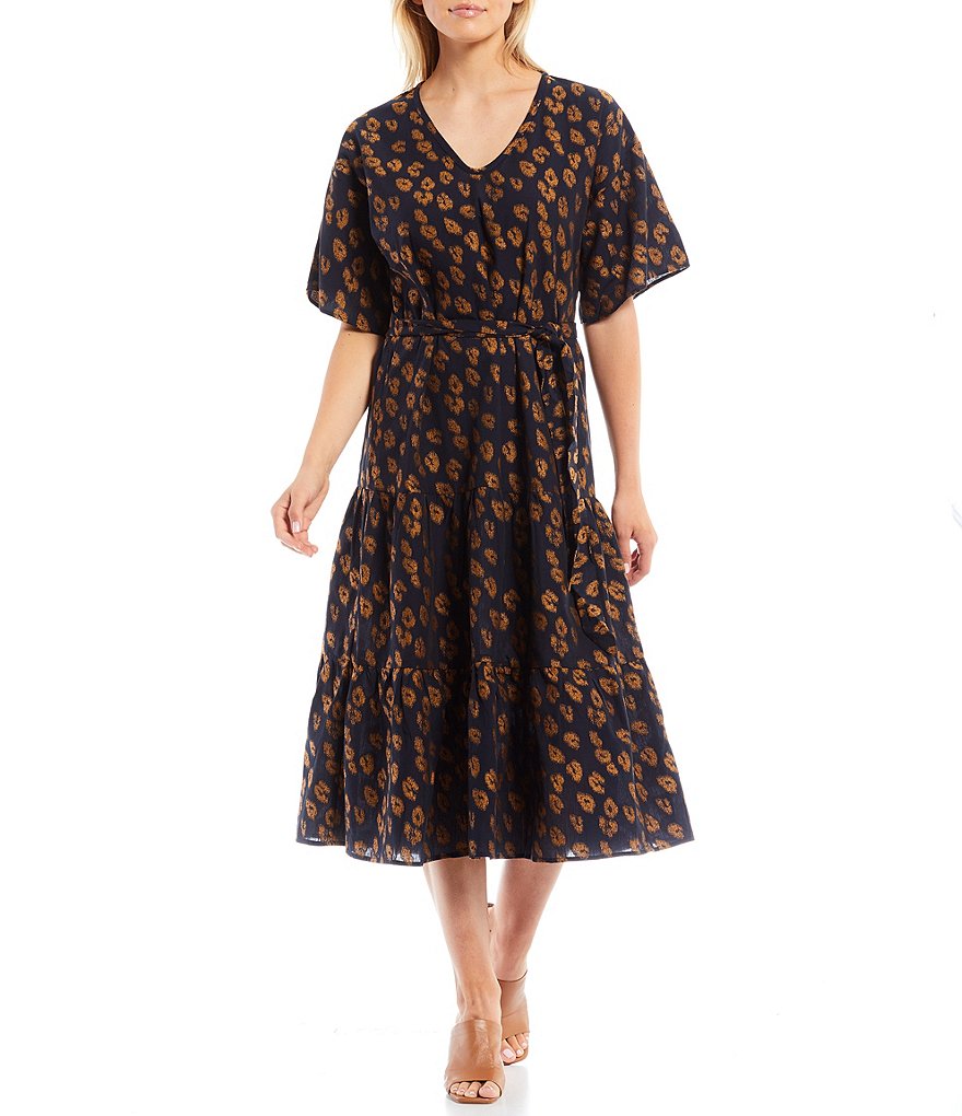 Trina Turk Diffused Leopard Print V-Neck Elbow Short Sleeve Tie Waist A-Line Midi Dress