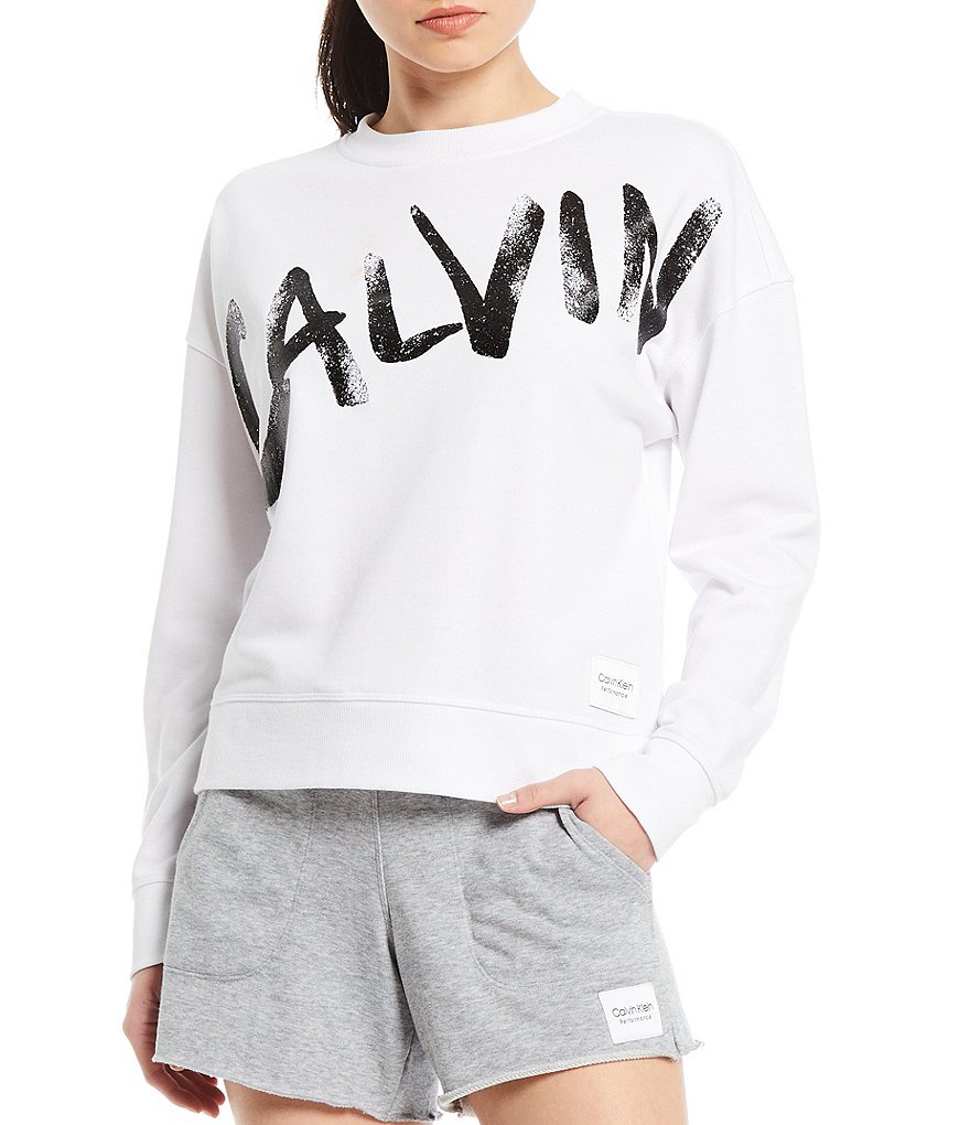 Calvin Klein Performance Brush Calvin Logo Long Sleeve Rolled Cuff Crop Top