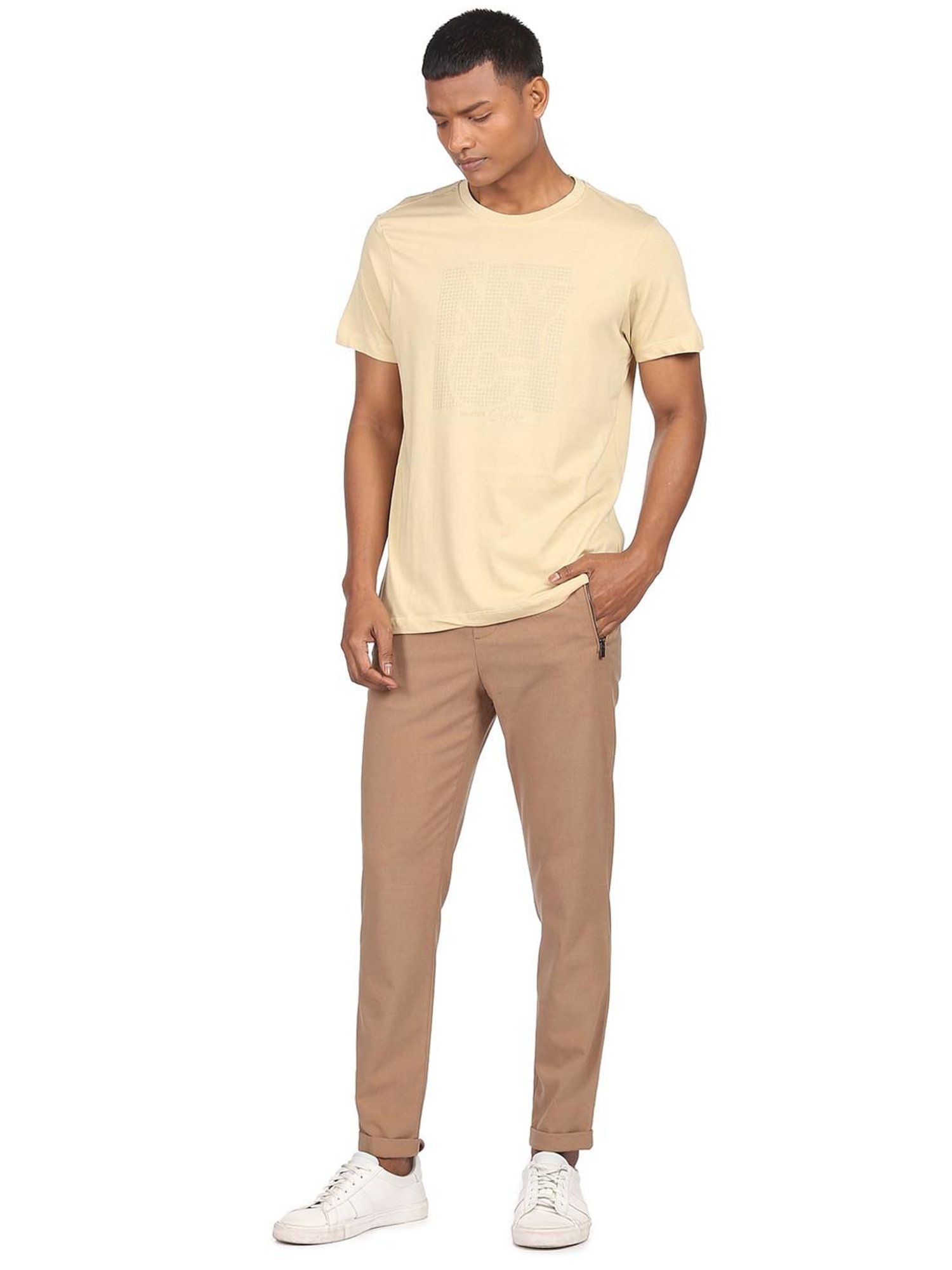 Arrow New York Beige Cotton Regular Fit Printed T-Shirt