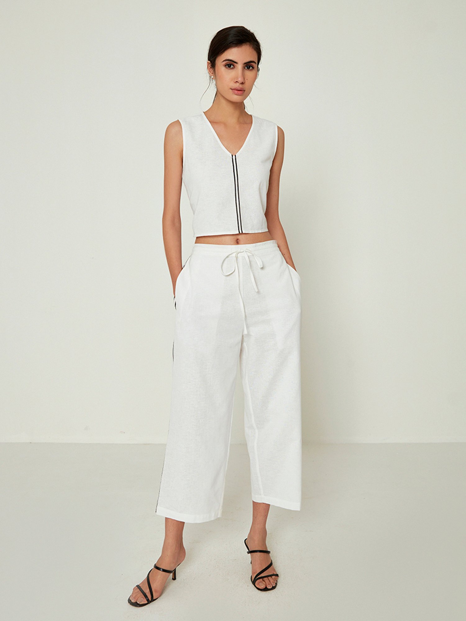 ANCESTRY White Chanderi Crop Top & Pants Set With Jacket